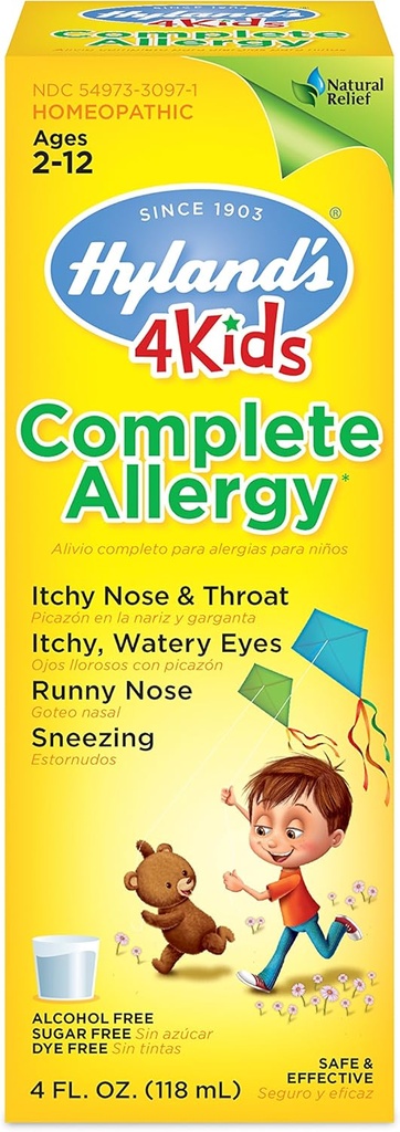 Medicina de alergia infantil de Hyland por 4Kids Niños no somnolientos Alivio de alergia completo Syrup seguro y natural para el embalaje al aire libre interior mayo Vary, One Color, 4 Fl Oz