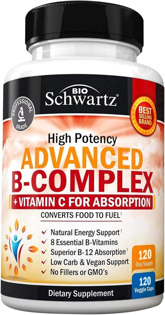 Complejo de vitamina B con vitamina C para la absorción máxima - Metilcobalamina b12 &amp; Folate Folic Acid Suplemento - B1 B2 B3 B5 B7 B9 para la energía inmune &amp; Nervous System Support - Non-GMO, 120 cuentan