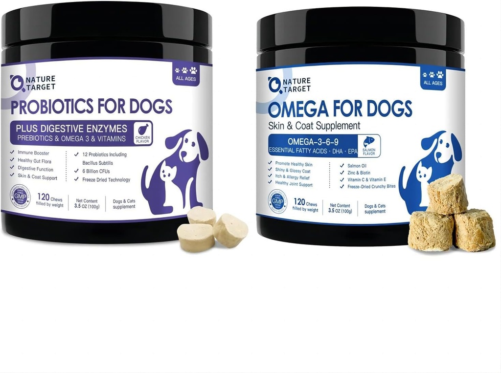 NATURE TARGET Probiotics for Dogs - Omega 3 Fish Oil for Dogs