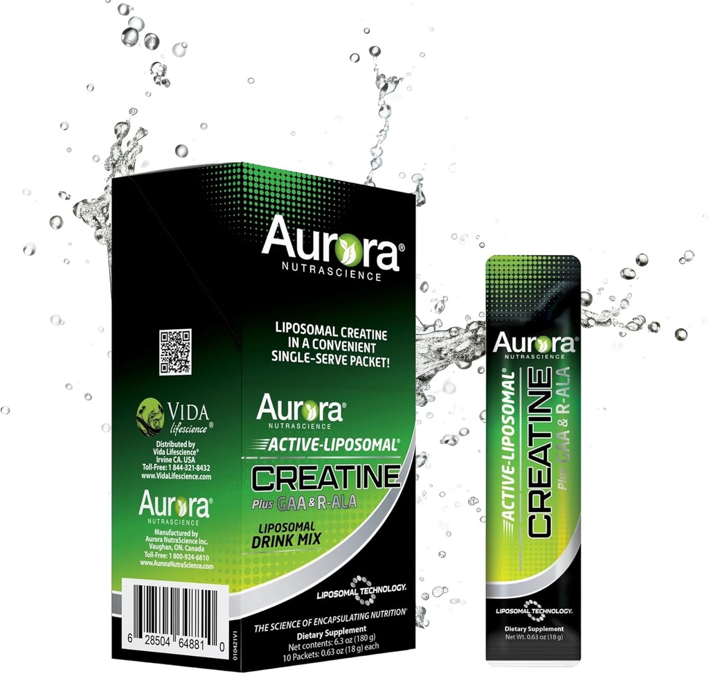 Aurora Nutrascience Liposomal Creatina + GAA " R-ALA Lemon Lime Powder Drink Mix, Aumento de la energía, apoya el ejercicio del ejercicio " Crecimiento muscular para Wowen y hombres, 10 paquetes