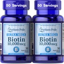 Puritan's Pride Premium Ultra Mega Biotin 10,000mcg, Suplemento dietético para el cabello saludable, la piel, las uñas y la energía Metabolismo Support, 100 Day Supply, 50 Rapid Release Softgels, 2 Pack