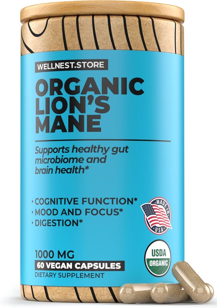 Lions Mane Mushroom Suplemento Orgánico (Extracto de Hericium) 60 Veggie Caps - Suplemento de Apoyo Inmunitario; Mejorar la Función Cognitiva + Promover la Vitalidad, Proteger las células Nerve