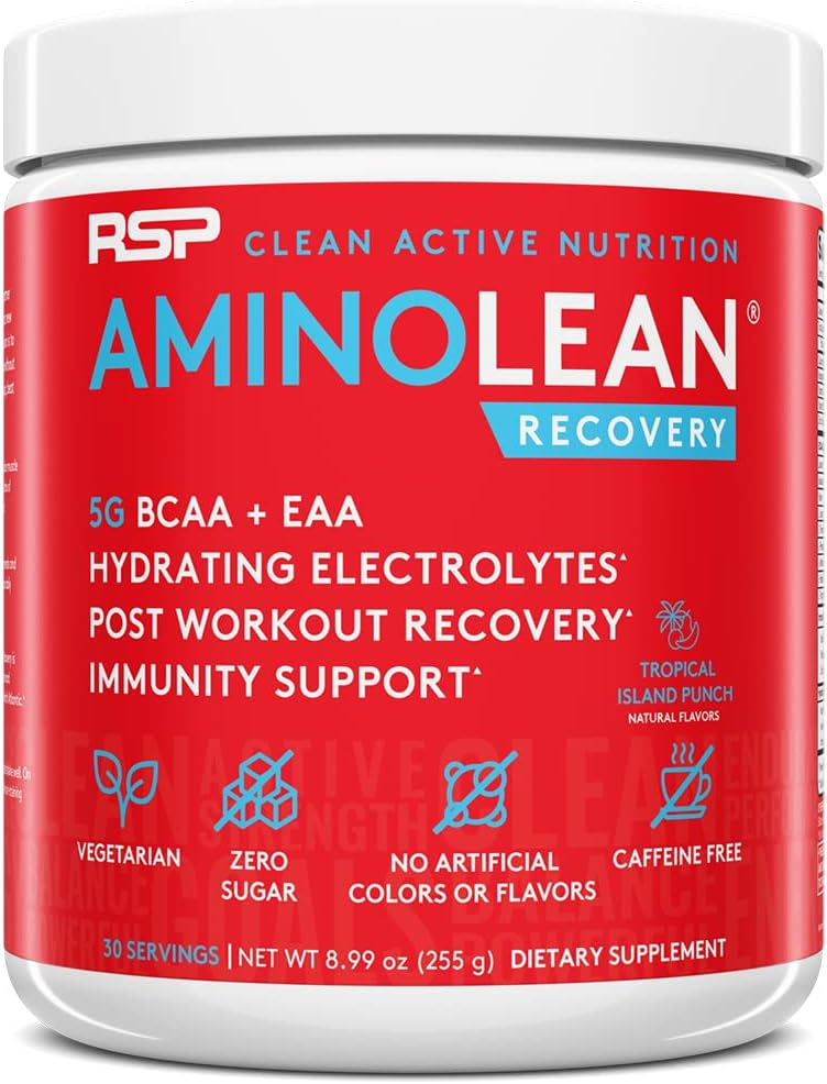 AminoLean Hidrating Electrolyte Powder and Recovery Drink with Sea Minerals, Nootropic Mushrooms, and Vegan Amino Acids, BCAAs + EAAs for Post Workout Muscle Building, Tropical Punch