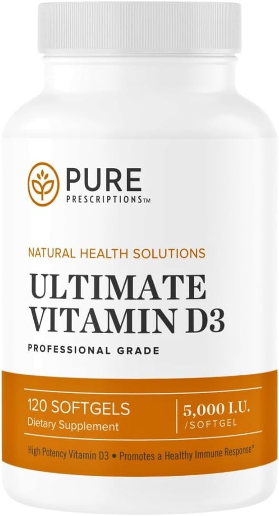 Prescripciones puras Vitamina D3-5,000 UI - Alta Absorción Vitamina D Suplemento para promover huesos saludables con sistema inmunológico &amp; soporte cardiovascular - 120 Softgels - EE.UU.
