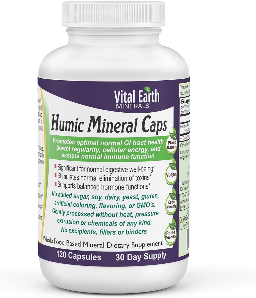 Minerales Vitales Humic Minerals Capsules - 70+ Minerales Trace con ácido fúlvico naturalmente corrido, Suplemento Mineral Alkalizante para Detox, Salud Gut, Bienestar, 120 Con