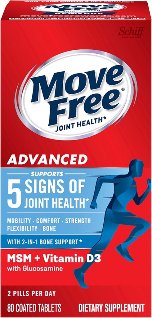 Glucosamine Chondroitin MSM & Vitamina D3 Joint Health Suplemento, Move Free Advanced Joint Support Tablets for Men &amp; Women (caja 80cnt), With Vitamin D3 To Support Bone &amp; Immune Health