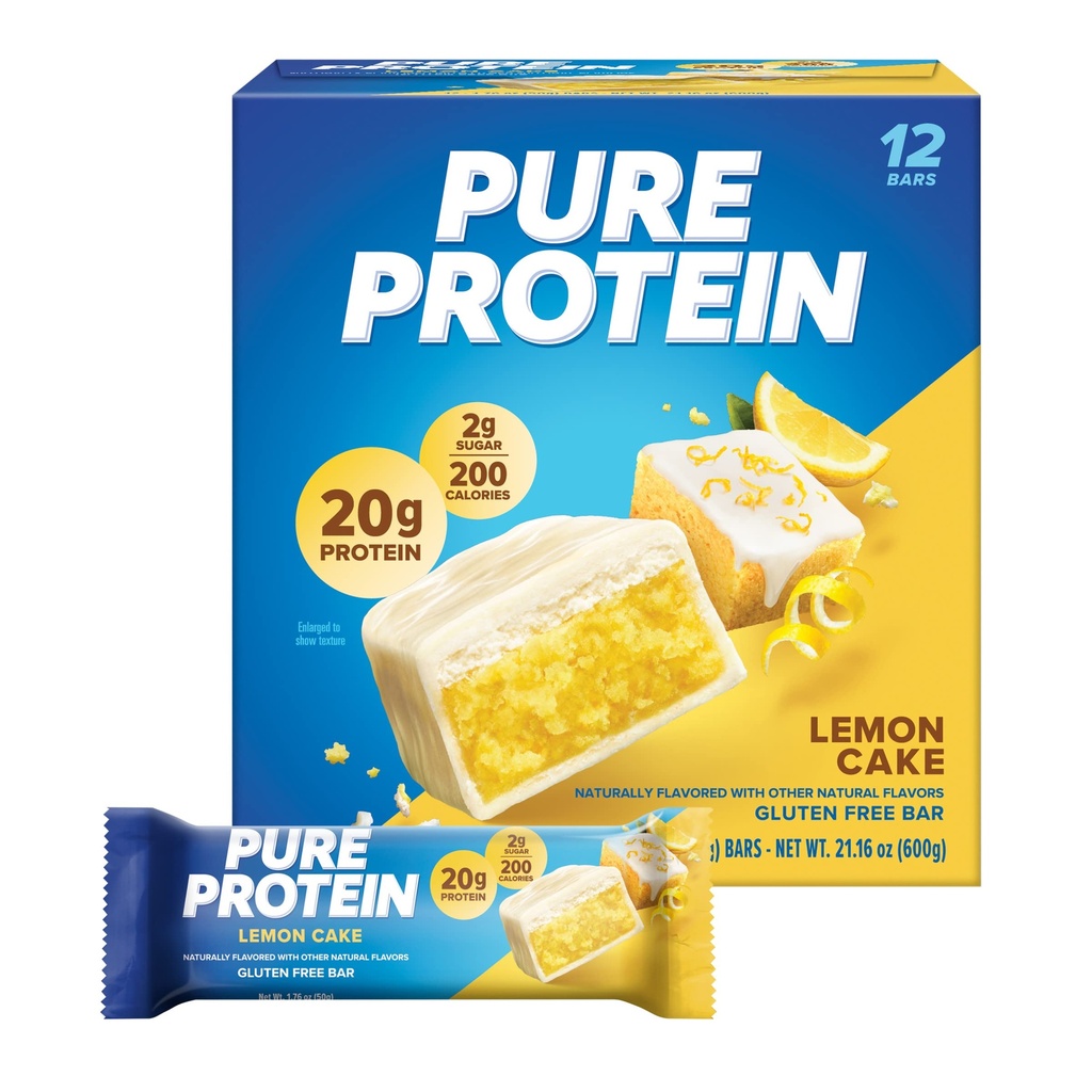 Barras de proteína puras, alta proteína, nutritious Snacks to Support Energy, bajo azúcar, pastel de limón, 1,76 oz, 12 conde (Pack of 1) (Packaging May Vary)