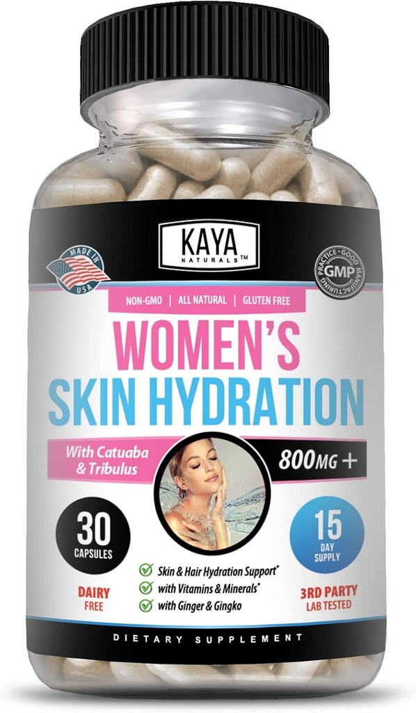Kaya Naturals Skin Hydration Vitaminas - Pills Mujer - Skin Enhancer Capsules -Hydration Booster for Women - Promueve el aumento de la energía, la humedad y la resistencia - reducción de la sequedad - 30 cápsulas vegetales