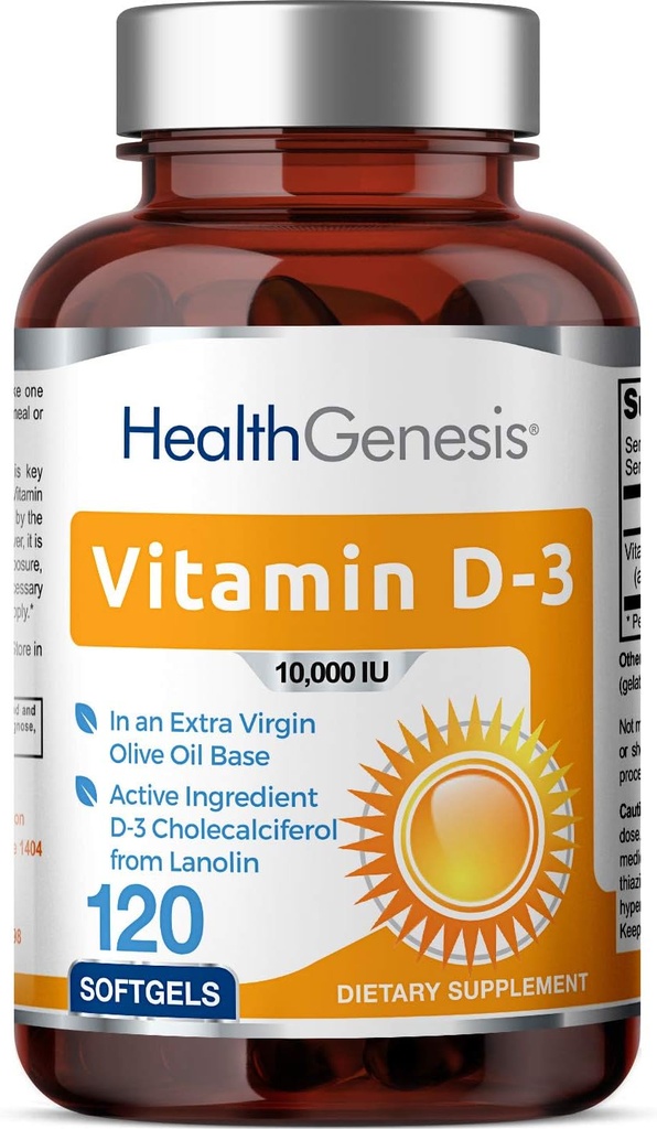 Vitamina D-3 10000 UI 120 Softgels - High-Potency in Extra Virgin Olive Oil Non-GMO Apoyos sin soja Huesos sólidos Inmunes Salud