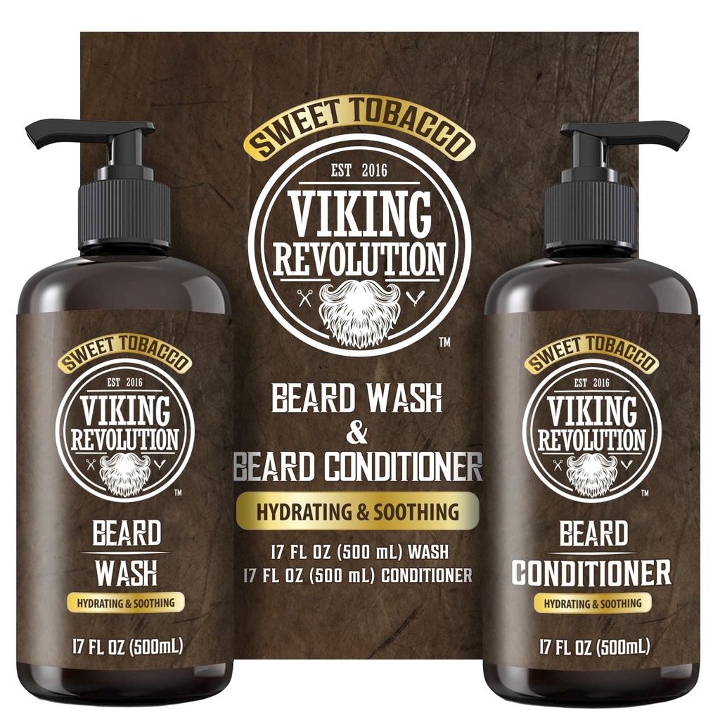 Vikingo Revolucion Beard Wash and Beard Conditioner for Hombres with Argan Oil and Jojoba Oil - Beard Softener and Strengtheninger Beard Care Beard Shampoo and Conditioner with Beard Oil (17oz, Sweet Tobacco)