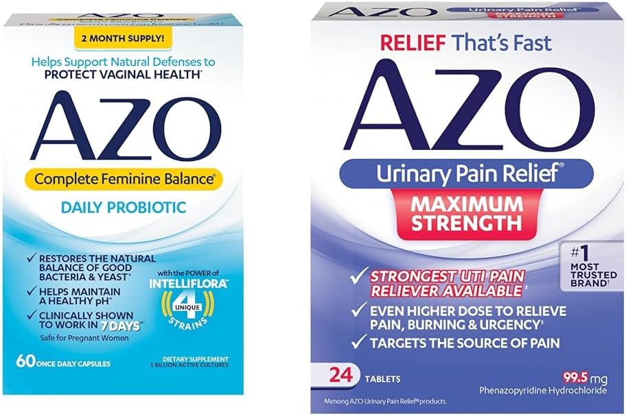 AZO Balance Femenino Completo Probióticos diarios para mujeres, prestados clínicamente para ayudar a proteger la salud vaginal y el alivio de dolor urinario Máximo Fuerza Silencioso rápido Alivio de dolor UTI, Quemado y Urgencia