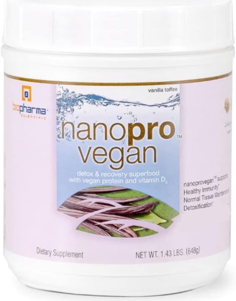Biopharma Scientific Nanopro Vegan: Vegan Protein Powder for Immune Support &amp; Ejercicio Recuperación con Pea Protein Blend, Ashwagandha y Vegan D3, Vanilla Toffee Flavor, 30 Servings