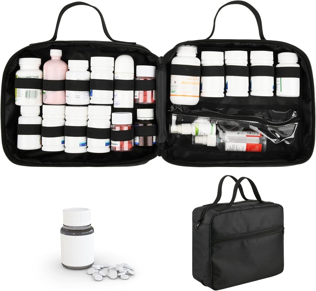 Bolsa de viaje de medicamentos para la limpieza, bolsa de medicina para el viaje, organizador y almacenamiento de botellas, transportador de caja para botellas de medicina o suplementos, para el hogar y viajes