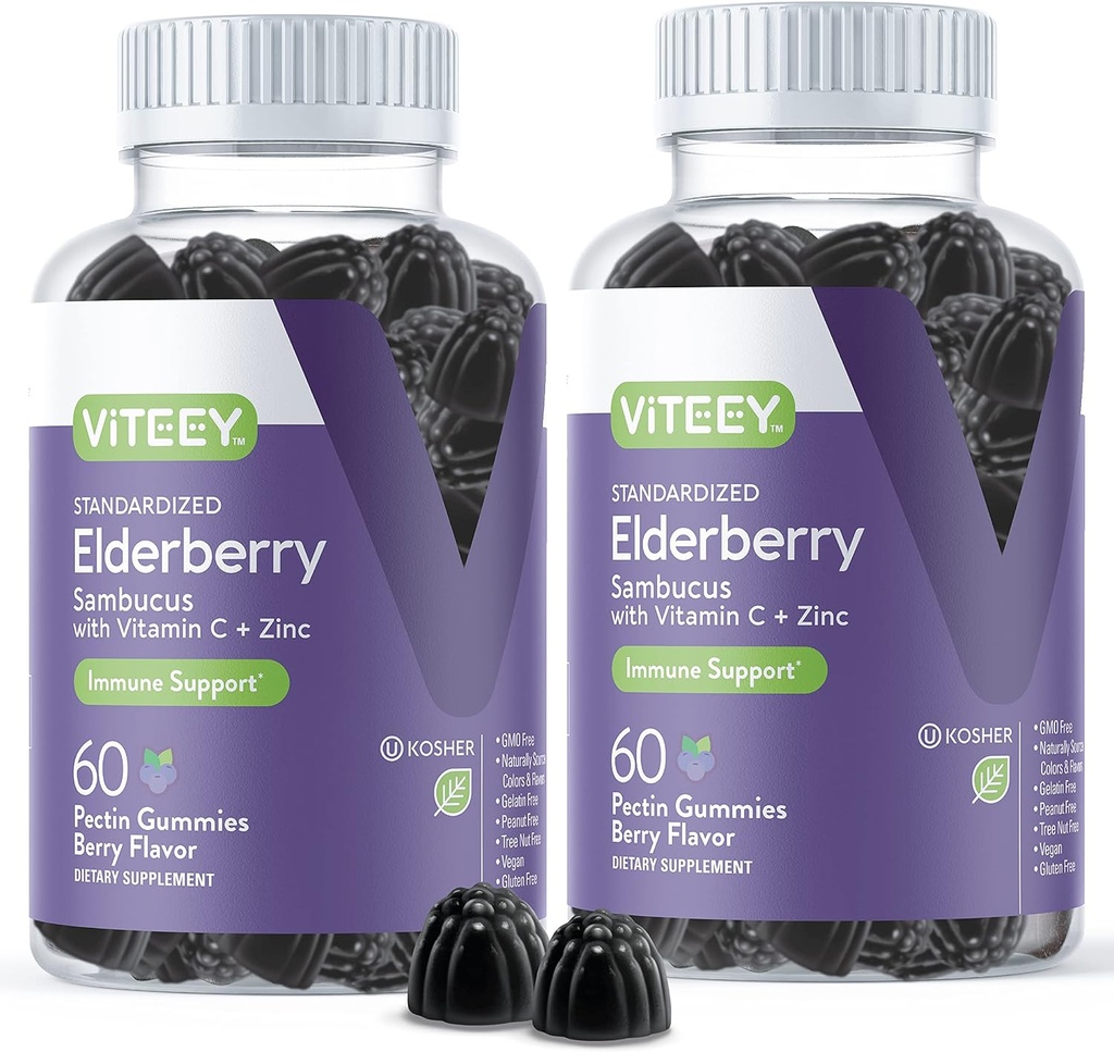 Viteey Sambucus Elderberry Gummies para adultos – Elderberry Vitamina C y Zinc Immunity Gummies - Vegan, Gluten-Free – 120 Condes