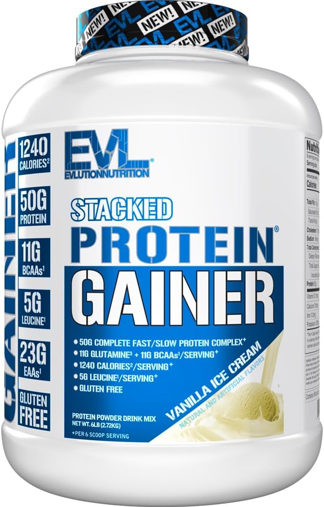 Evlution Nutrition Stacked Protein Gainer, 50 Grams Whey Protein Powder Complex, 251 Grams Carbohydrates, Build Muscle, Recovery, Post Workout, Gluten-Free (Vanilla Ice Cream, 6 LB)