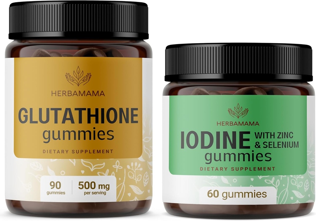 HerBAMAMA Glutathione and Iodine Kit - Agrupo de 500 mg L-Glutathione reducido ' Potassium Iodine Gummies - Vegan, Non-GMO, Gelatin-Free - 2 Pack