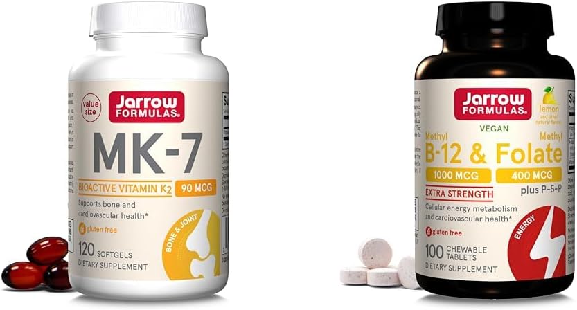 Jarrow Formulas MK7, promueve la salud ósea, 90 mcg, 120 Softgels & Extra Strength Methyl B-12 1000 mcg " Methyl Folate 400 mcg + P-5-P, Dietary