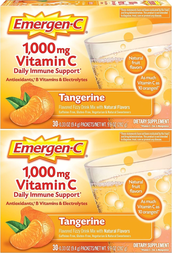 Emergen-C 1000mg Vitamina C Powder, con Antioxidantes, vitaminas B y electrolitos, suplementos de vitamina C para soporte inmunitario, mezcla de bebidas sin cafeína, sabor a Tangerina - 60 Conteo/2 Mes