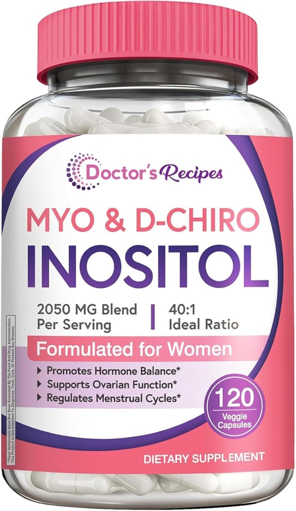 Recetas del médico Suplemento de Inositol, Myo-Inositol & D-Chiro Inositol Capsules 2050mg por ser, Ideal 40:1 Blend, Saldo hormonal para las mujeres, Función Ovárica " Apoyo a la fertilidad, 120 caps. Vegan