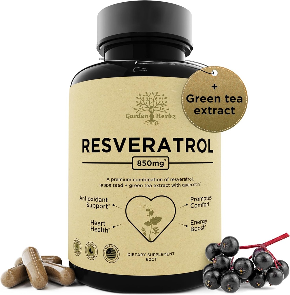 Suplemento de Resveratrol con semilla de Quercetina &amp; Grape – 850mg Herbal Blend, polifenoles de alta potencia " Antioxidantes para el bienestar general, 60 cápsulas veganos