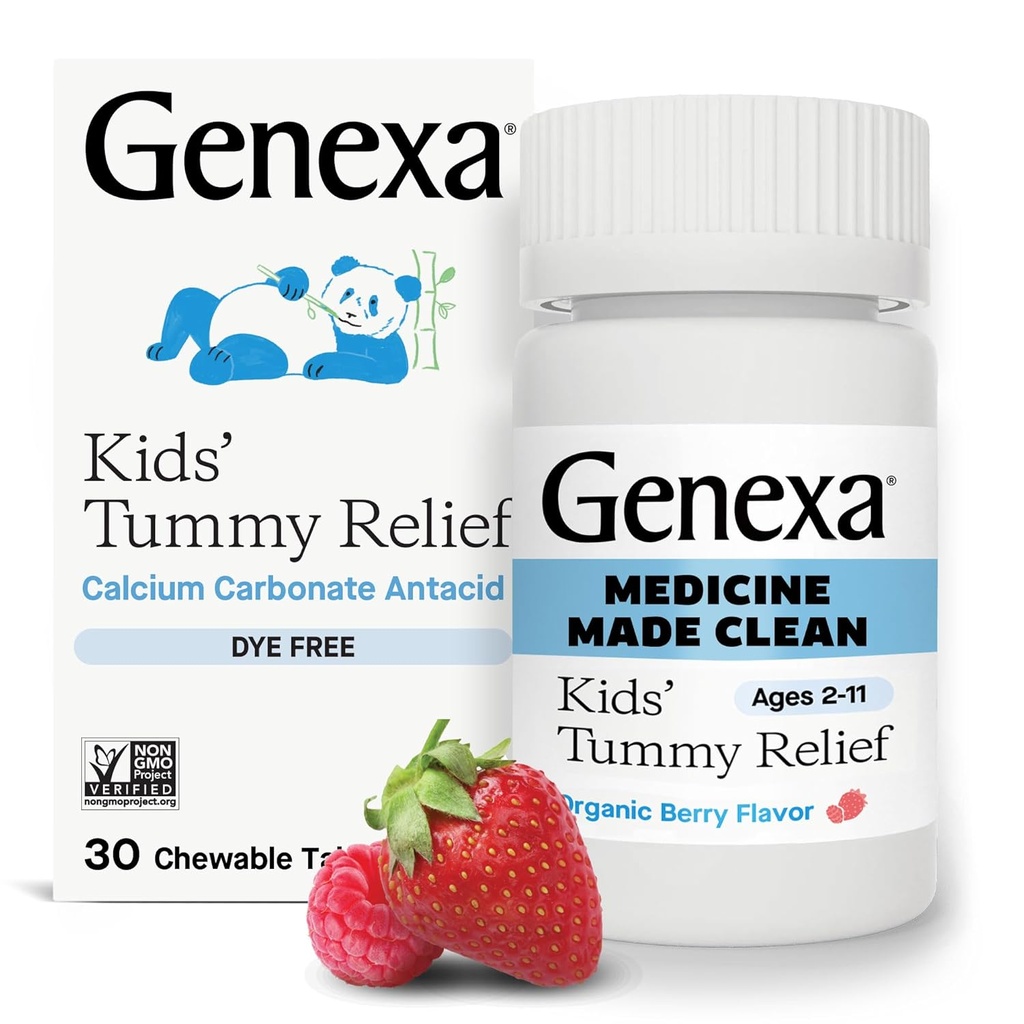 Genexa Kids’ Clean Dye Free Tummy Relief ← Heartburn, Acid Indigestion, Sour Stomach Chewable Antacid tención 0% Artificial Additives, Children’s Calcium Carbonate, Organic Berry Flavor, 30ct