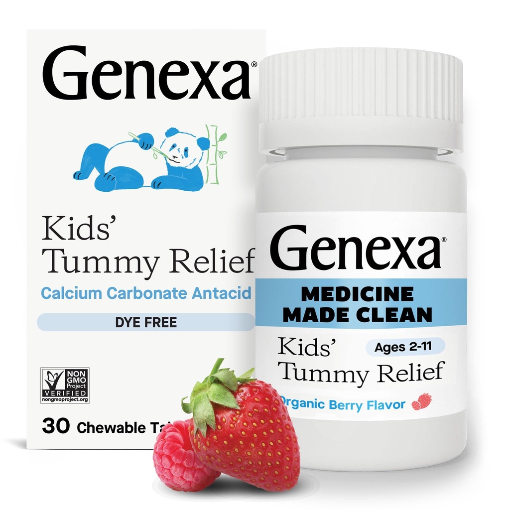 Genexa Kids’ Clean Dye Free Tummy Relief ← Heartburn, Acid Indigestion, Sour Stomach Chewable Antacid tención 0% Artificial Additives, Children’s Calcium Carbonate, Organic Berry Flavor, 30ct