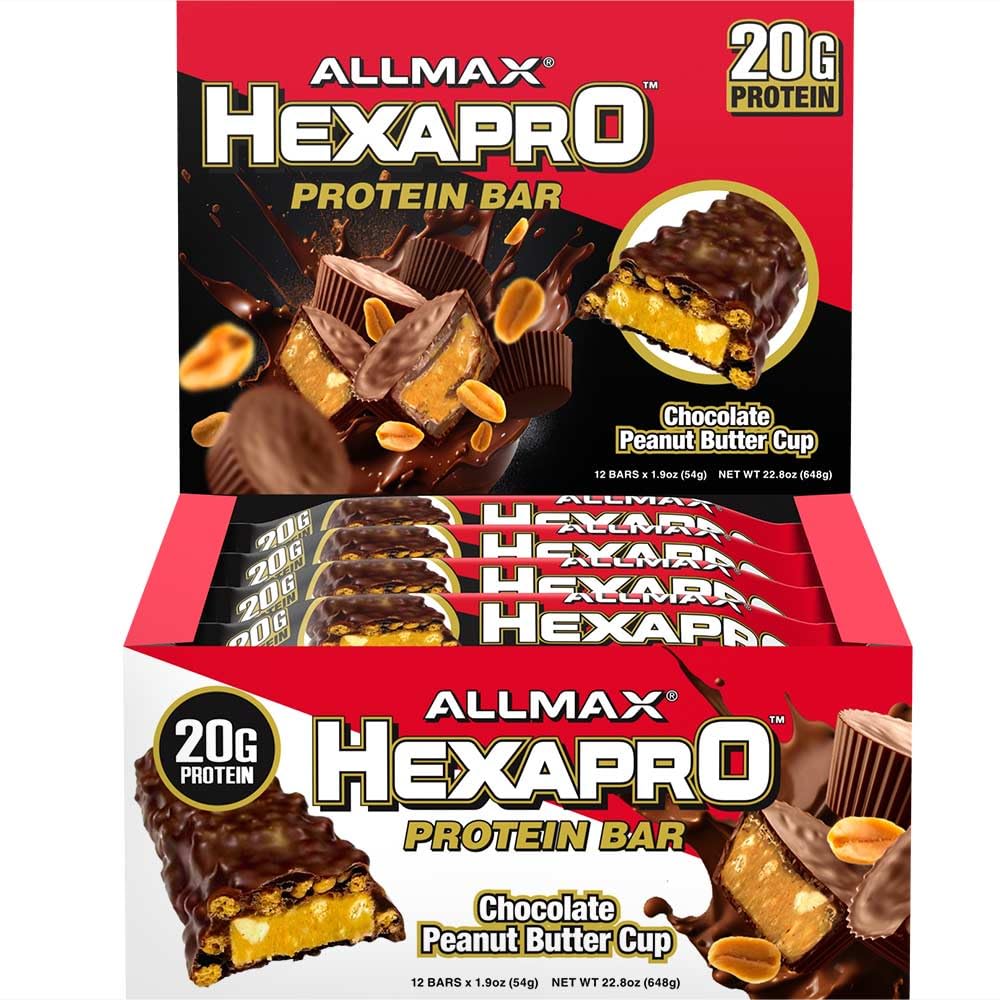 ALLMAX HEXAPRO PROTEIN BAR, Chocolate Peanut Butter Cup - Pack of 12 - High-Protein Energy Snack - 20 g of Protein Per Bar - With Whey Protein Isolate