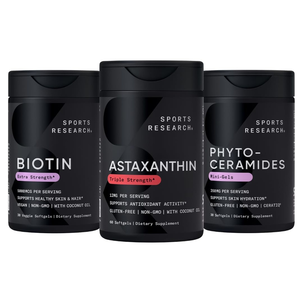 Sports Research Vegan Biotina 10,000mcg con aceite de coco, triple fuerza Astaxanthin 12mg con aceite de coco orgánico & Phytoceramides 350mg por Softgel