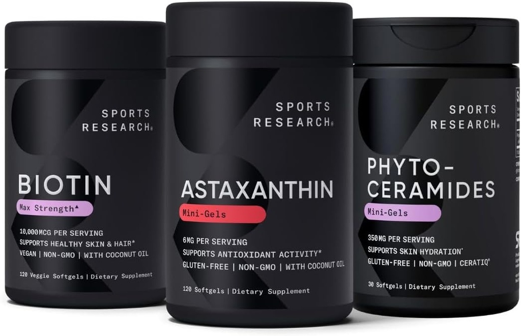 Sports Research Vegan Biotina 10,000mcg con aceite de coco, triple fuerza Astaxanthin 12mg con aceite de coco orgánico & Phytoceramides 350mg por Softgel