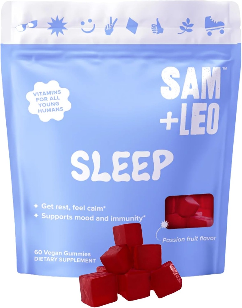 SAM+LEO Sleep - Passionflower, Vitamina B6 &amp; Melatonin Gummies for Kids &amp; Teens - All Natural &amp; Vegan Relax &amp; Sleep Gummies for Kids - Passion Fruit Flavor - 60/ct