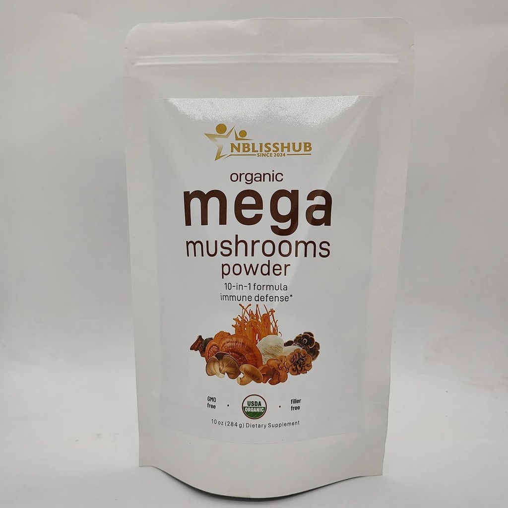Organic Mega Mushroom Powder 10 en 1 Complejo – Immune System Booster Silencioso Chaga, Lion’s Mane, Reishi, Cordyceps &amp; Más – 10 oz (284-Day Supply)