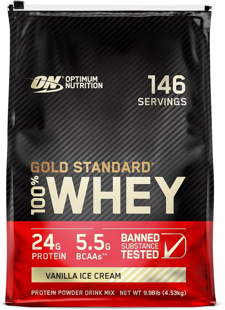 Optimum Nutrition Gold Standard 100% Whey Protein Powder, Vainilla Ice Cream, 10 libras (Packaging May Vary)
