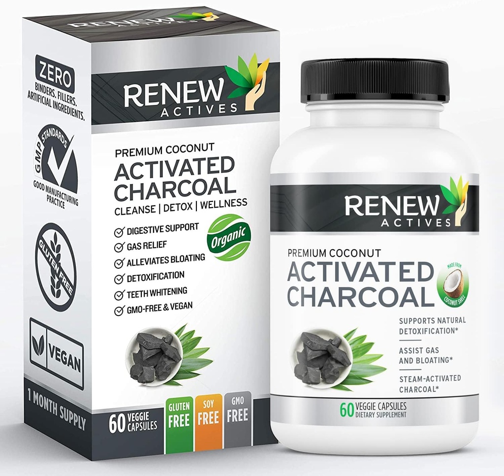 Renew Actives Active Charcoal Supplement 1100MG per 2 Capsules - Digestive Support " Teeth Whitening Formula, No Artificial Ingredients - Made in Canada - 60 cápsulas
