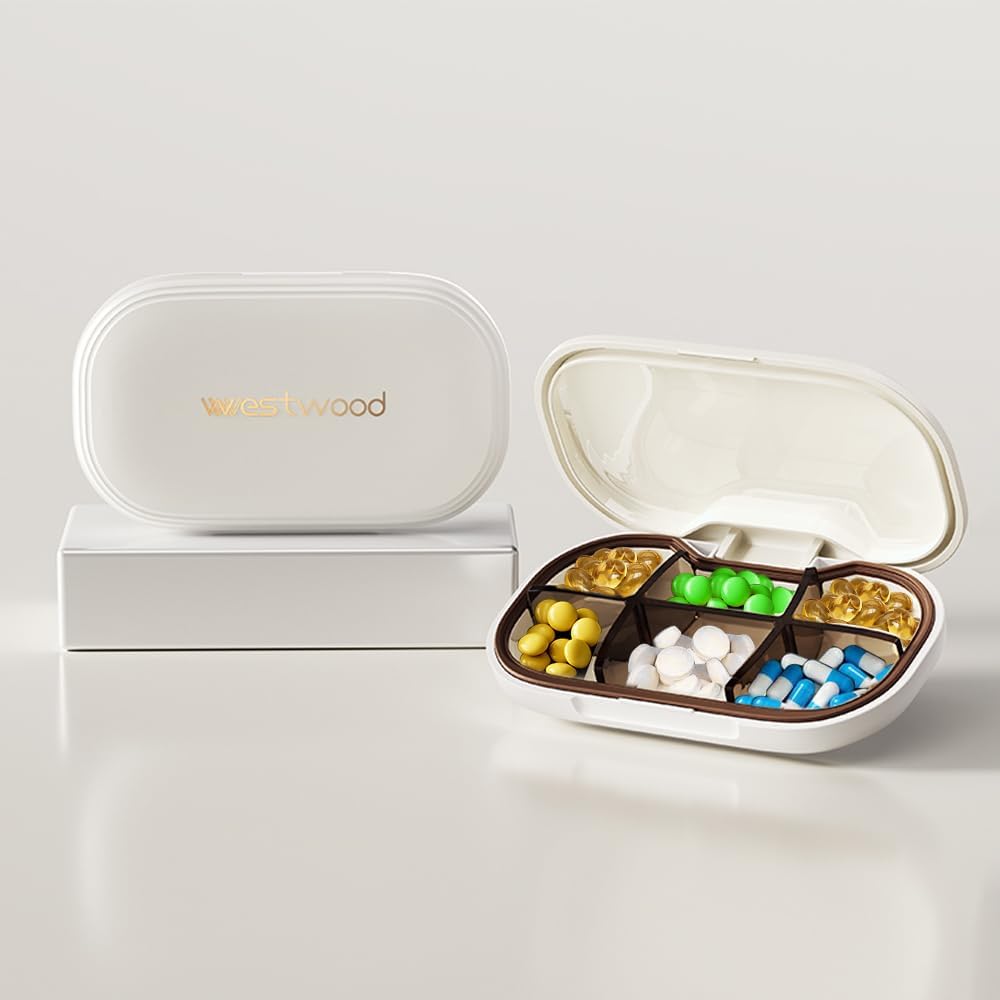 Funda pequeña con 6 Compartimientos, Caja de Píldora Diaria Delicada para Propósito, Contenedor de Píldora de Contenedor de Píldora para Vitaminas, Aceite de Pesca, Suplementos y Medicamentos (White)