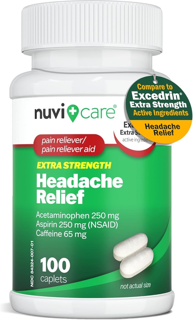 Alivio de dolor de cabeza con Acetaminofeno 250 mg, Aspirina (NSAID) 250 mg, cafeína 65 mg - Alivio Temporal de dolores menores - Comparación con Excedren Extra Strength Pain Reliever (100 cápsulas)