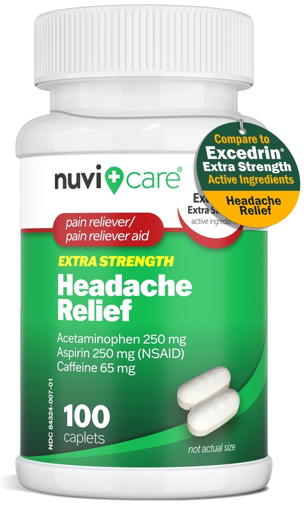 NUVICARE Headache Relief with Acetaminophen 250 mg, Aspirin (NSAID) 250 mg, Caffeine 65 mg - Temporary Relief of Minor Aches & Pains - Compare to Excedrin Extra Strength Pain Reliever (100 Caplets)
