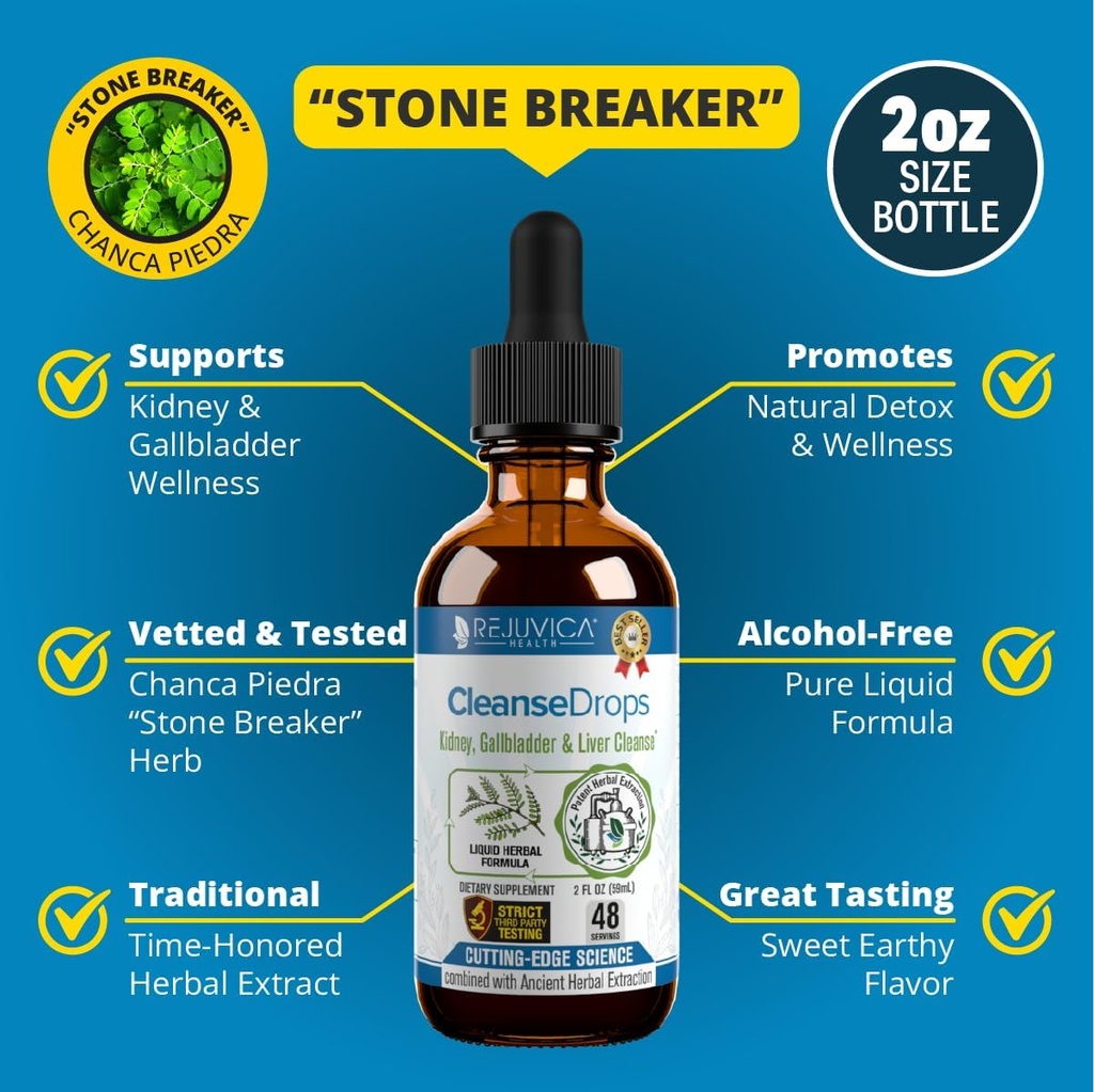 Rejuvica Health Cleanse Drops - Advanced Kidney & Gallbladder Cleanse Support Supplement - Liquid Delivery for Better Absorption - Chanca Piedra Usado en Amazonian Rainforest