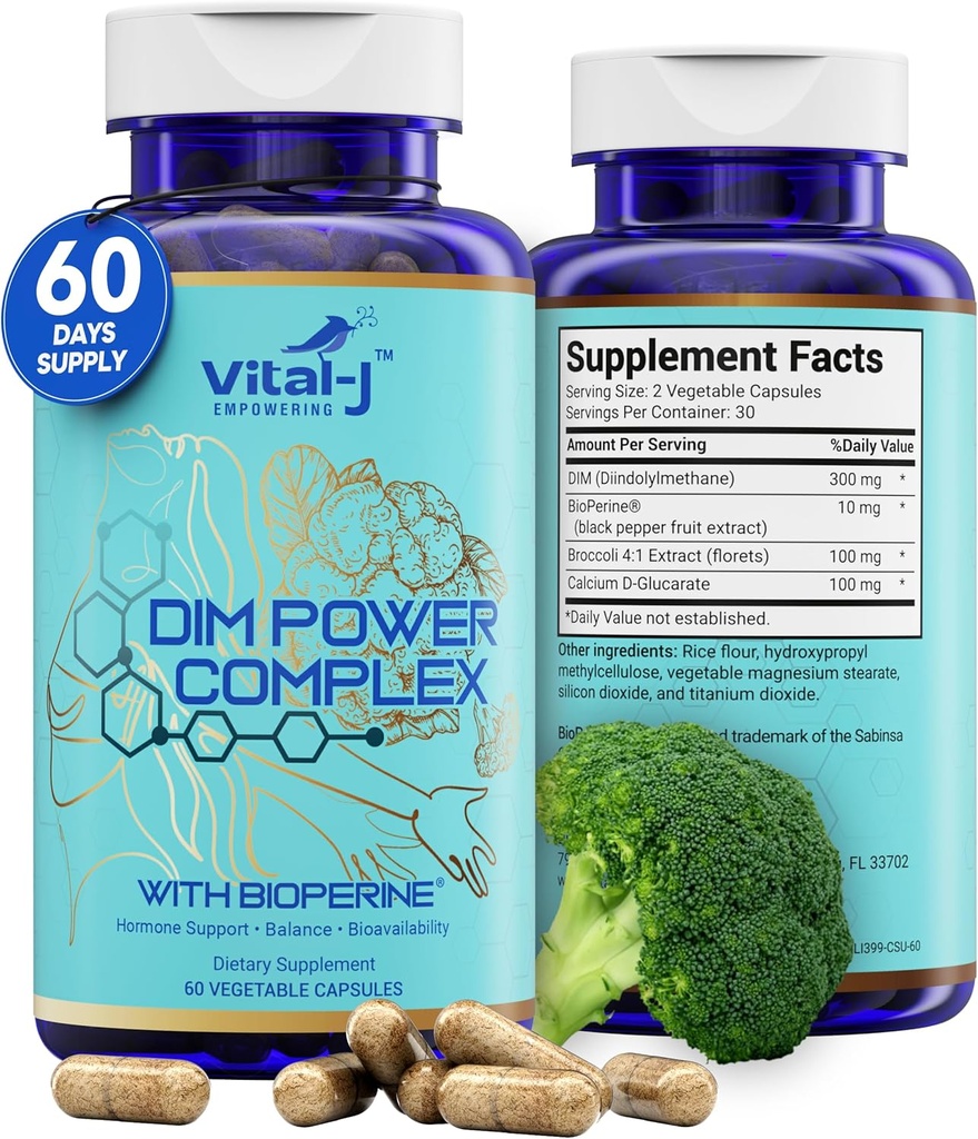 4-in-1 DIM Potent Complex 300mg - Estrogen Balance and Metabolism, Energy & Menopause Support Supplement with Bioperine (x4), Calcium and Broccoli Extract - for Women and Men 60 Servings