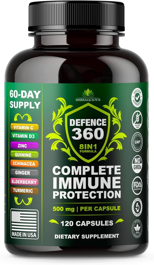 Defence360 Immune Support 8-in-1 Suplemento con Vitamin C, D3, Zinc, Elderberry, Echinacea, Turmeric, Ginger & Quinine, Immune Protection, Energy and Vigor, Brain Boost, Stress Relief (120 Capsules)