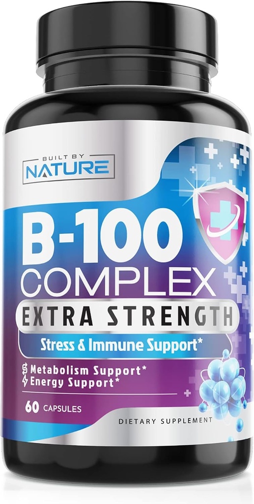 Complejo de vitamina B - Todas las vitaminas B1, B2, B3, B6, B7, B9, B12, ácido fólico, vitamina C - Super B-100 Suplemento - Immune, Energy &amp; Metabolism Support, Vegan, No GMO, Gluten Free, 60 cápsulas