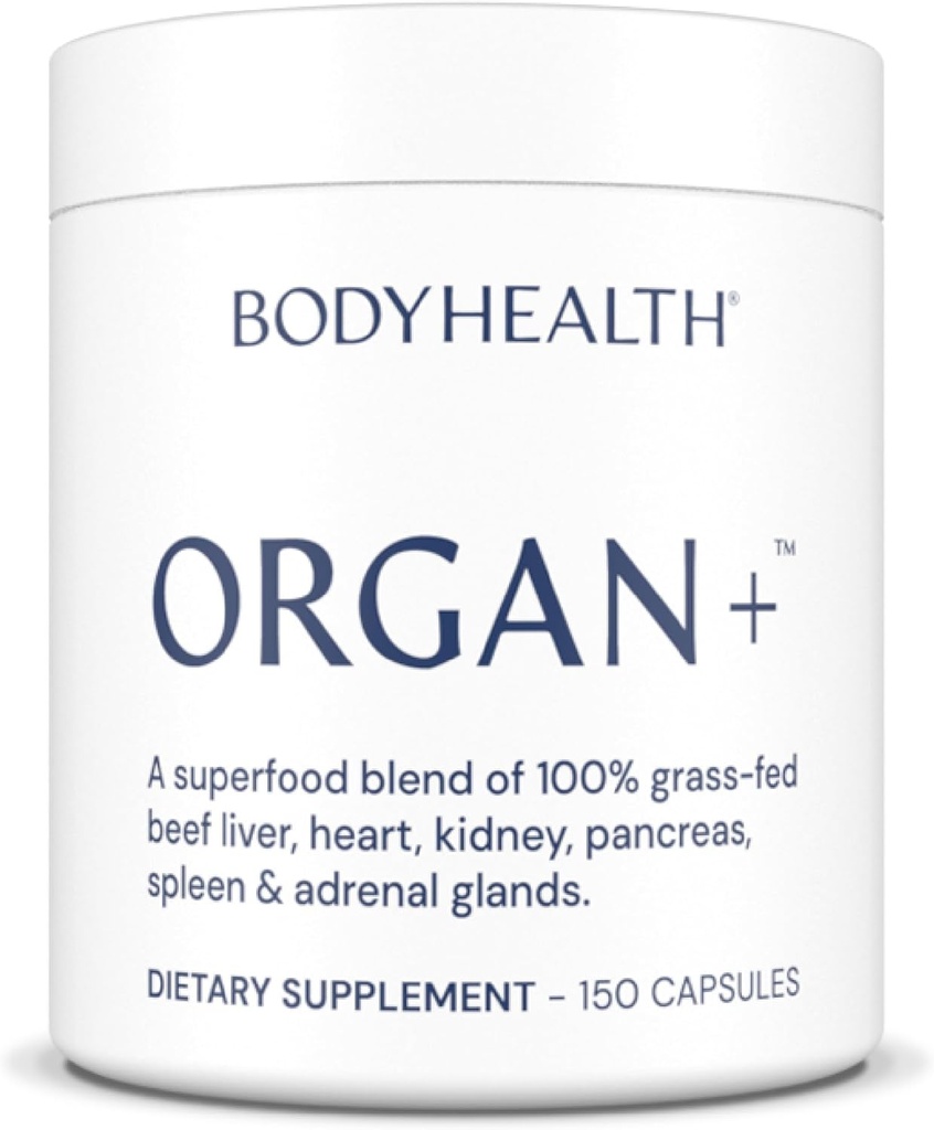 BodyHealth Organ+ Grass-Fed Glandular Organ Complex, Grassfed Beef Organ Supplement, Dessicated Beef Liver, Heart, Kidney, Pancreas, Spleen, Non GMO, Adrenal, Supplement, (150 cápsulas)