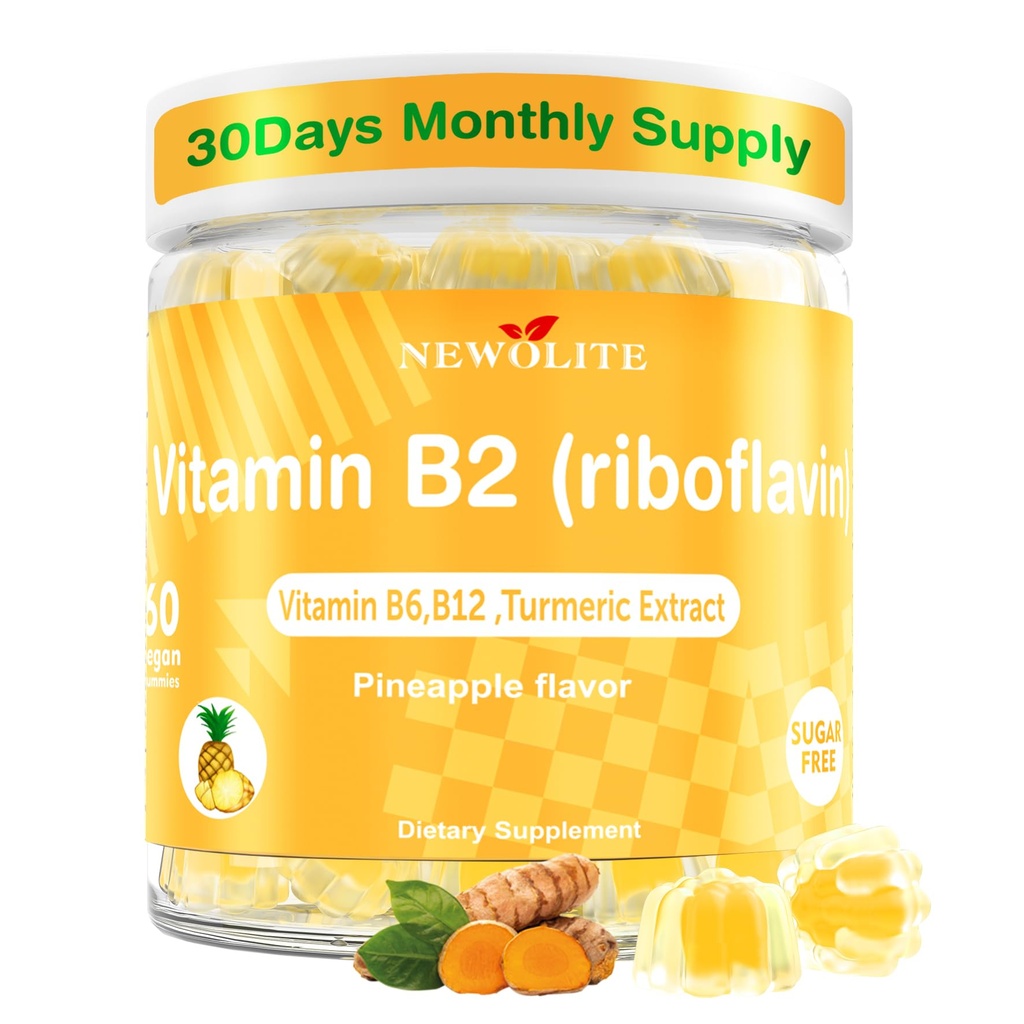 Vitamina B2 Gummies Riboflavin 400mg para hombres Chewable B2 Vitaminas para adultos con B Complejo Extracto Turmérico para Confort Digestivo,Nervous System Support, Vegan, Libre de Azúcar, Pineapple Flavor,60 Conde