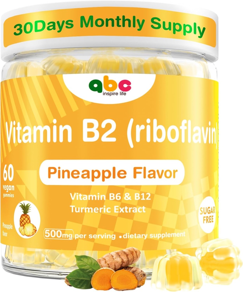 Vitamina B2 Gummies Riboflavin 400mg para hombres Chewable B2 Vitaminas para adultos con B Complejo Extracto Turmérico para Confort Digestivo,Nervous System Support, Vegan, Libre de Azúcar, Pineapple Flavor,60 Conde