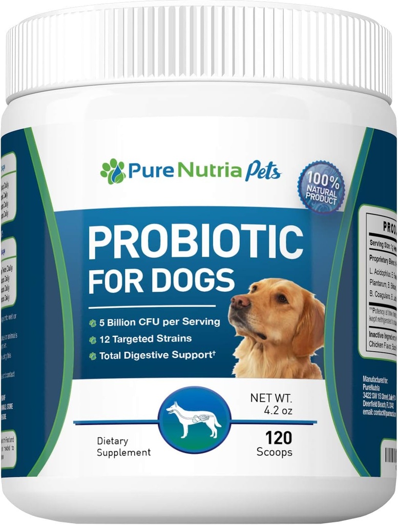 Probióticos de perros Suplementos de perros - para la diarrea de perros, estómagos de aparición, levadura, gas, alergia a perros e inmunitarios de perros - Hecho en EE.UU. - 12 Strains seleccionados 5 billón CFU - 120 Scoops