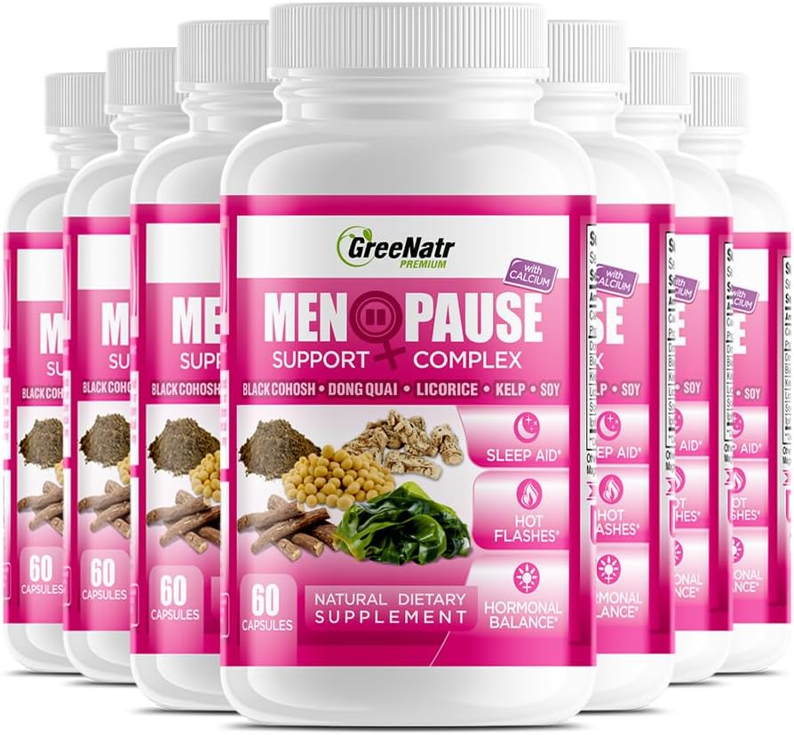 GreeNatr Herbal Menopause Support Complex for Hot Flashes, Night Sweats & Mood Swings Relief. Promueve Niveles de Hormonas Equilibrados - Cohosh Negro, Dong Quai, Licorice Root & Kelp Leaves (12 Bottles)