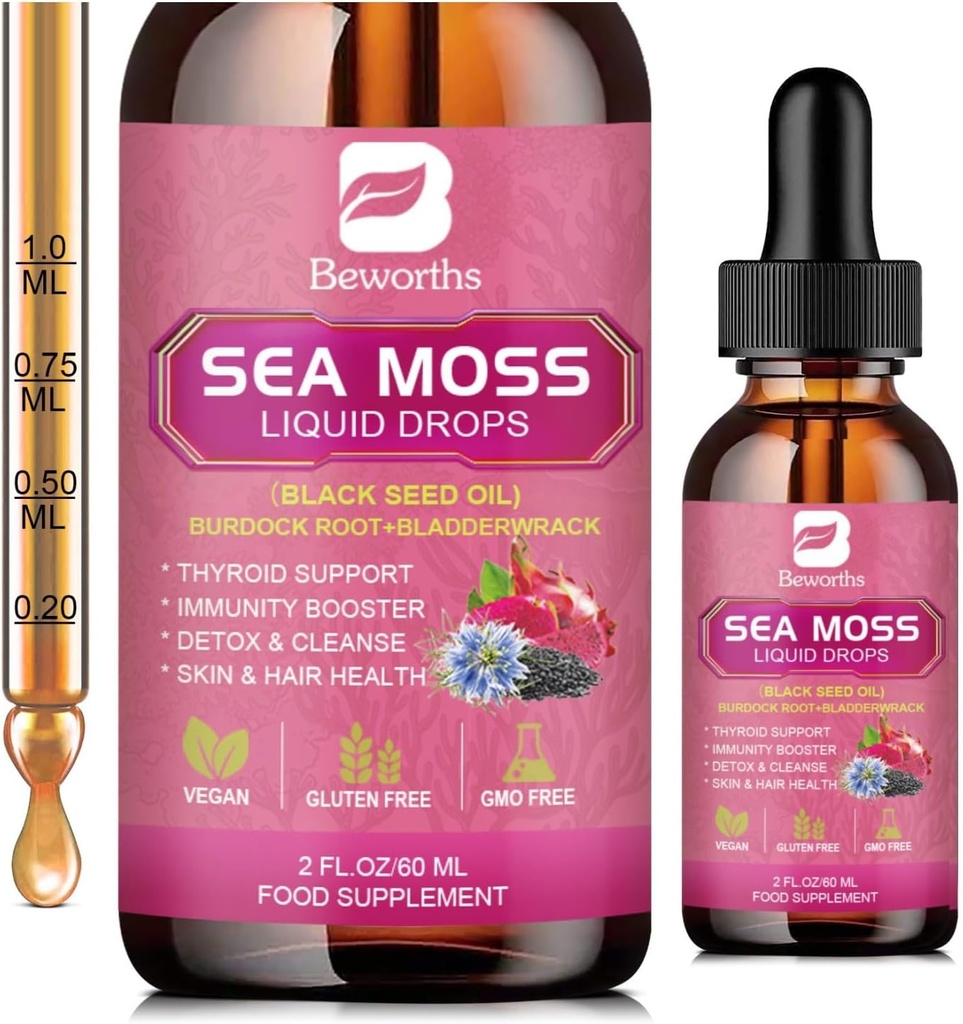 B BEWRTHS Sea Moss Liquid Drops - Black Seed Oil & Irish Sea Moss Gel con Burdock Root Bladderwrack, Elderberry, 6X Stronger Qrganic Seamoss Suplemento bruto para Digestivo, Hair Health - Vegan, 2 Fl.oz
