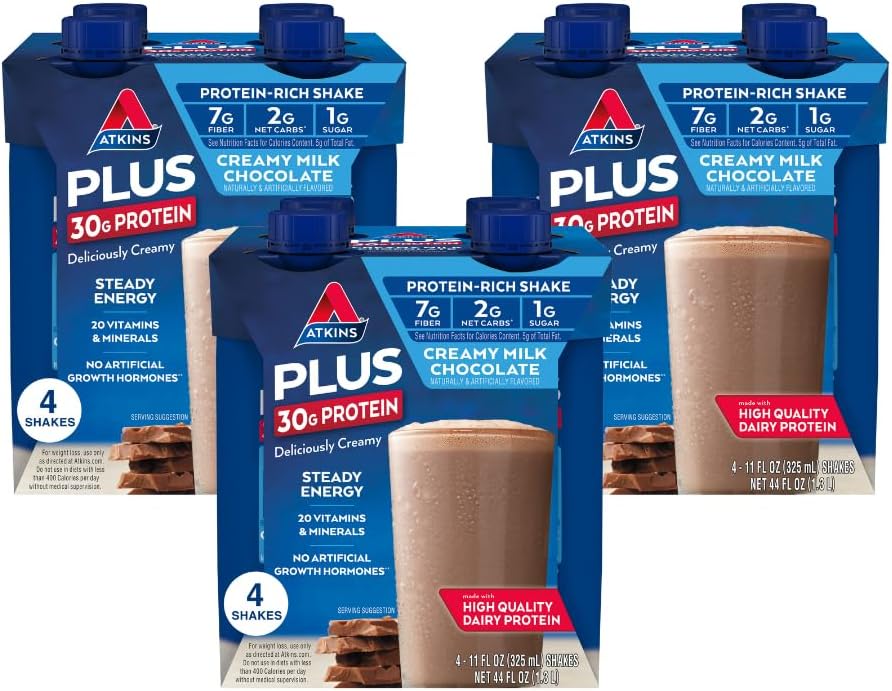 Atkins Creamy Milk Chocolate PLUS Protein Shake, 30g Protein, 7g Fiber, 2g Net Carb, 1g Sugar, Keto Friendly, Low Carb, High Protein Drink, 12 Conde