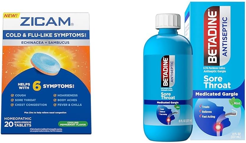 Zicam Cold Symptoms Relief with Betadine Sore Throat Gargle, Echinacea &amp; Sambucus Homeopathic Tablets, 20 Count & 8 FL OZ
