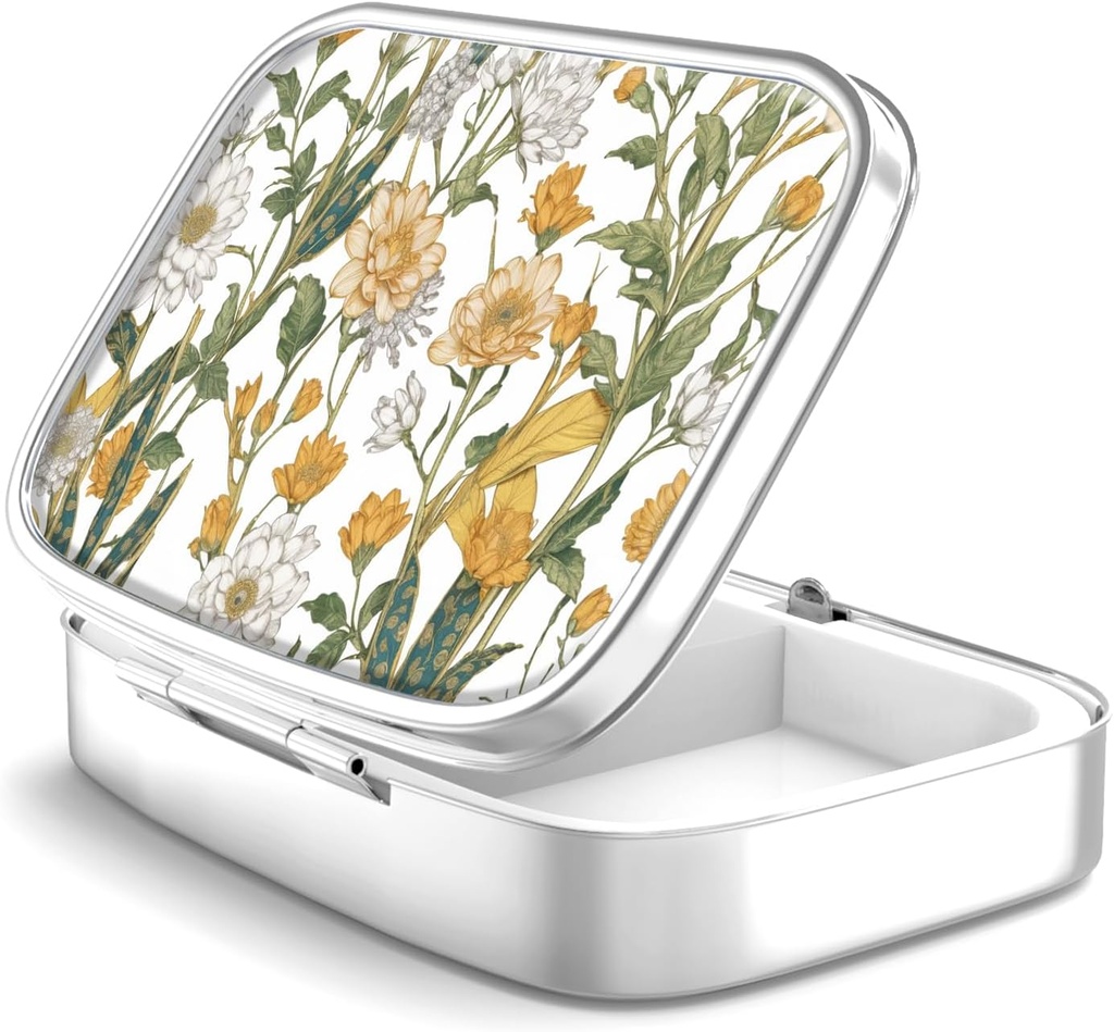 2 Caja de Píldora de Compartimiento, Portable para Bolsillo o Bolso, Caja de Píldora de Metal Decorativa, Organizador de Vitamina, Regalo Único (1 Pieza, 39-Flowers Pinck)