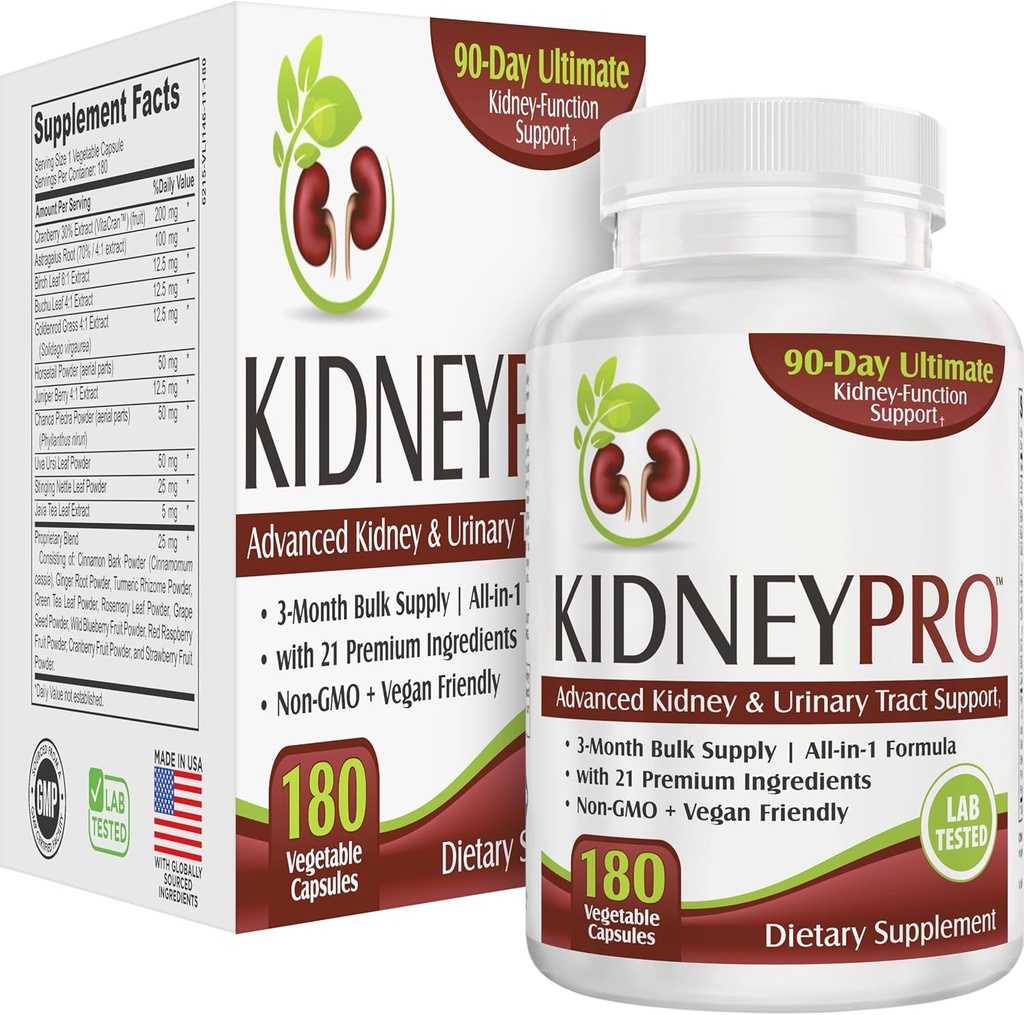Kidney-PRO ← Suministro de 3 meses con 21 Suplementos de salud para el riñón Ø All-in-1 Blend Ø Kidneys &amp; Urinary Tract Support Suplemento tención 90-Day Bulk Supply